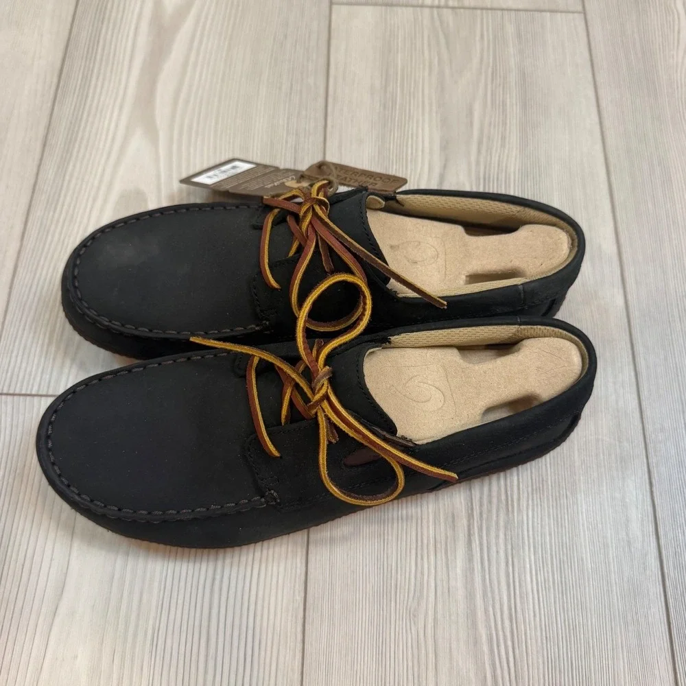 NEW OluKai Mano Black Kona Coffee Waterproof Leather Boat Shoes Mens 10